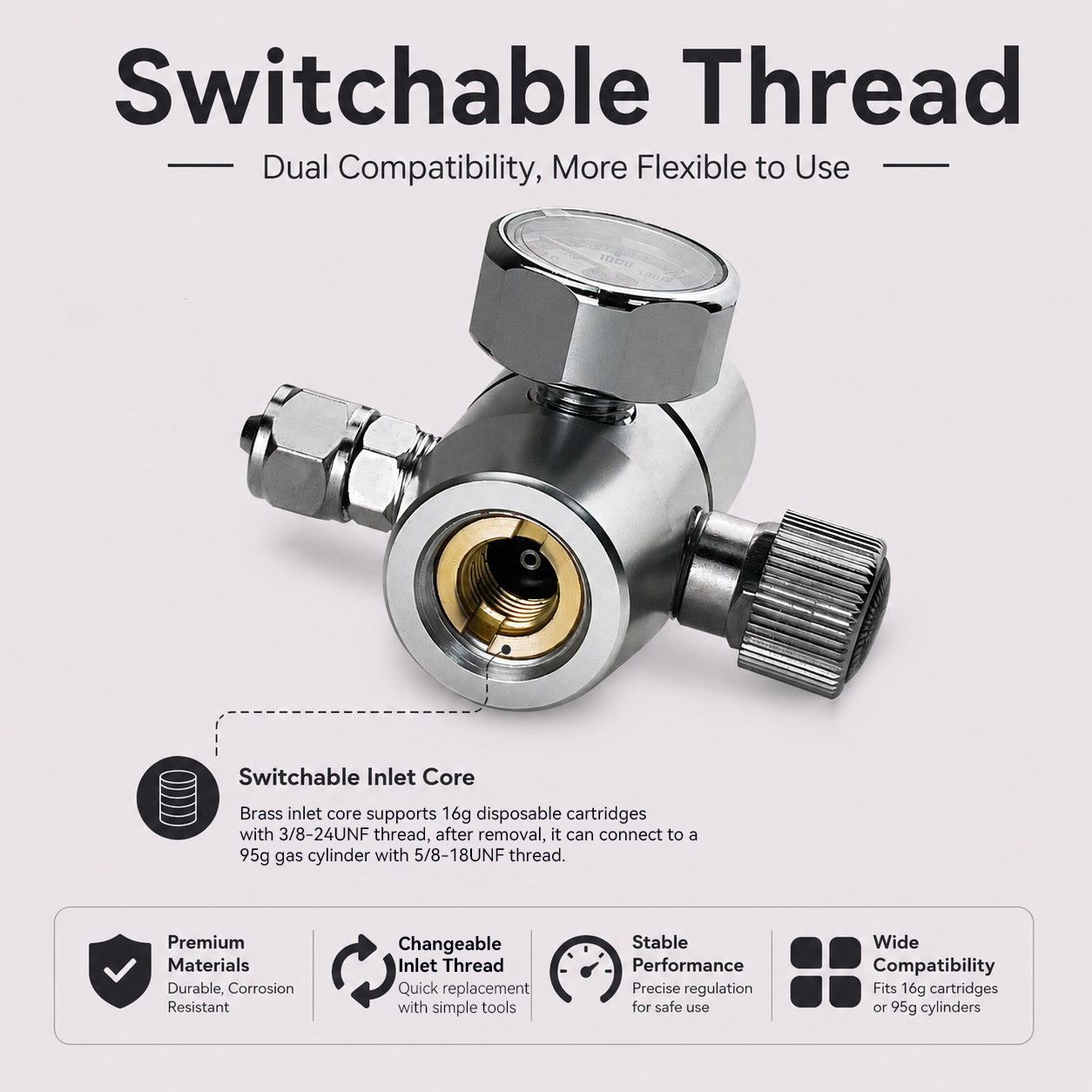 10.5–11 Bar Constant Pressure CO2 Regulator with Gauge, M10×1 Latch Outlet