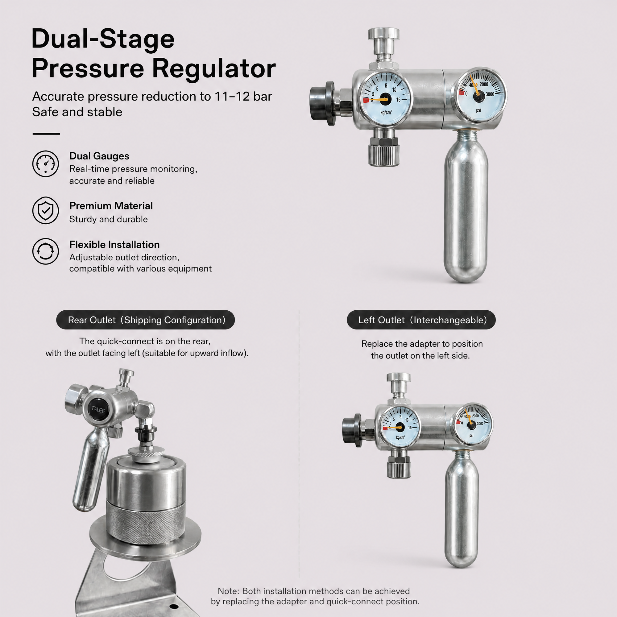 Dual-Stage Pressure Regulator with Dual Gauges & Push Button Valve