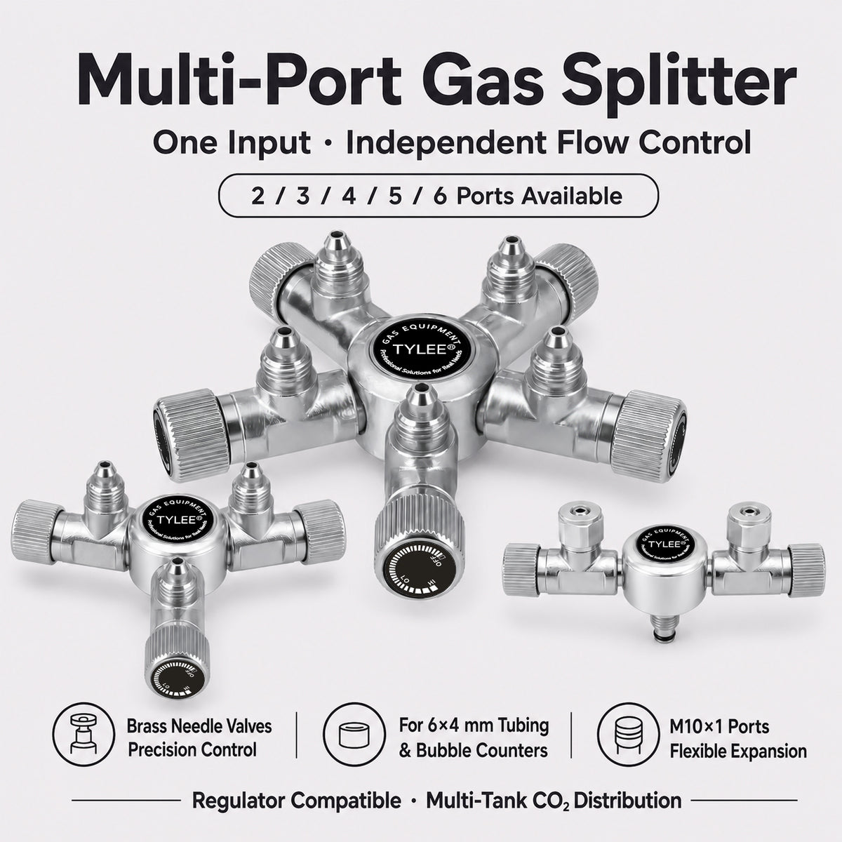 2-Way to 6-Way CO₂ Splitter with Needle Valves for Aquarium CO₂ Regulators