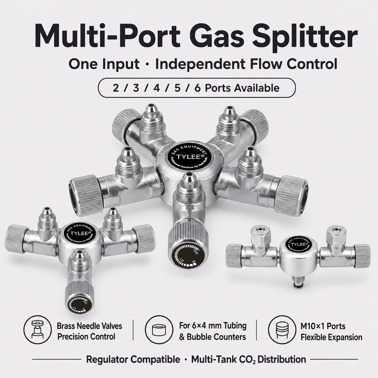 2-Way to 6-Way CO₂ Splitter with Needle Valves for Aquarium CO₂ Regulators
