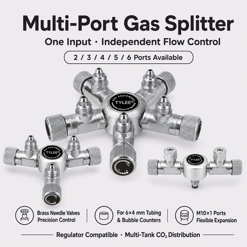 2-Way to 6-Way CO₂ Splitter with Needle Valves for Aquarium CO₂ Regulators