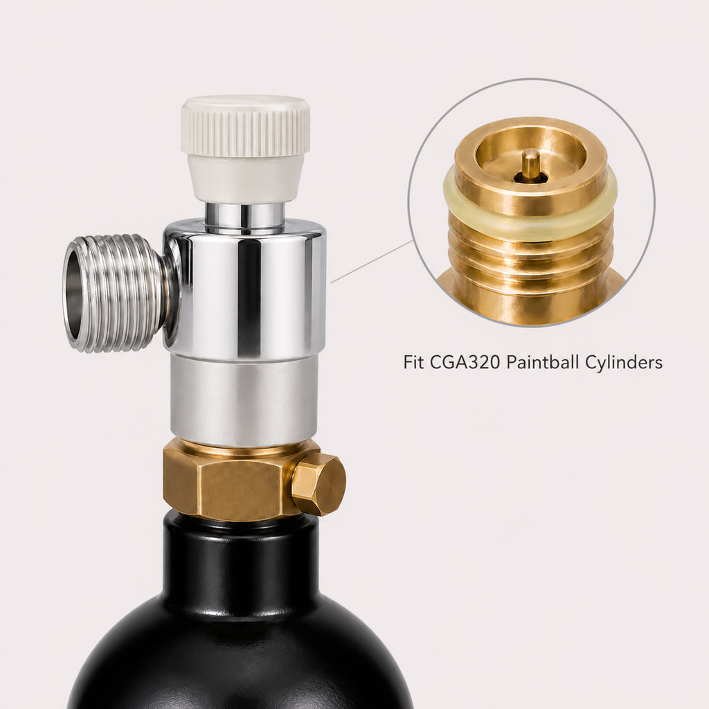 CGA320 adapter with adjustment knob installed on a paintball CO₂ cylinder with close-up of the cylinder fitting