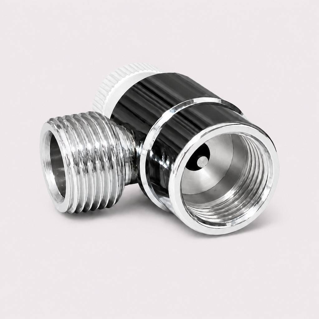 Nickel-plated CGA320 paintball CO₂ cylinder adapter with adjustment knob and male and female threads