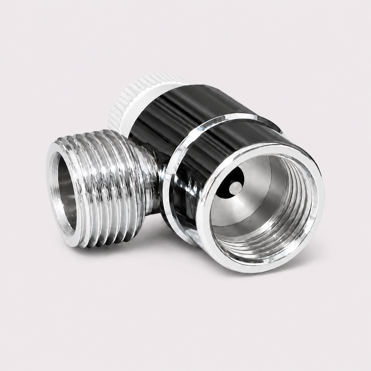 Nickel-plated CGA320 paintball CO₂ cylinder adapter with adjustment knob and male and female threads
