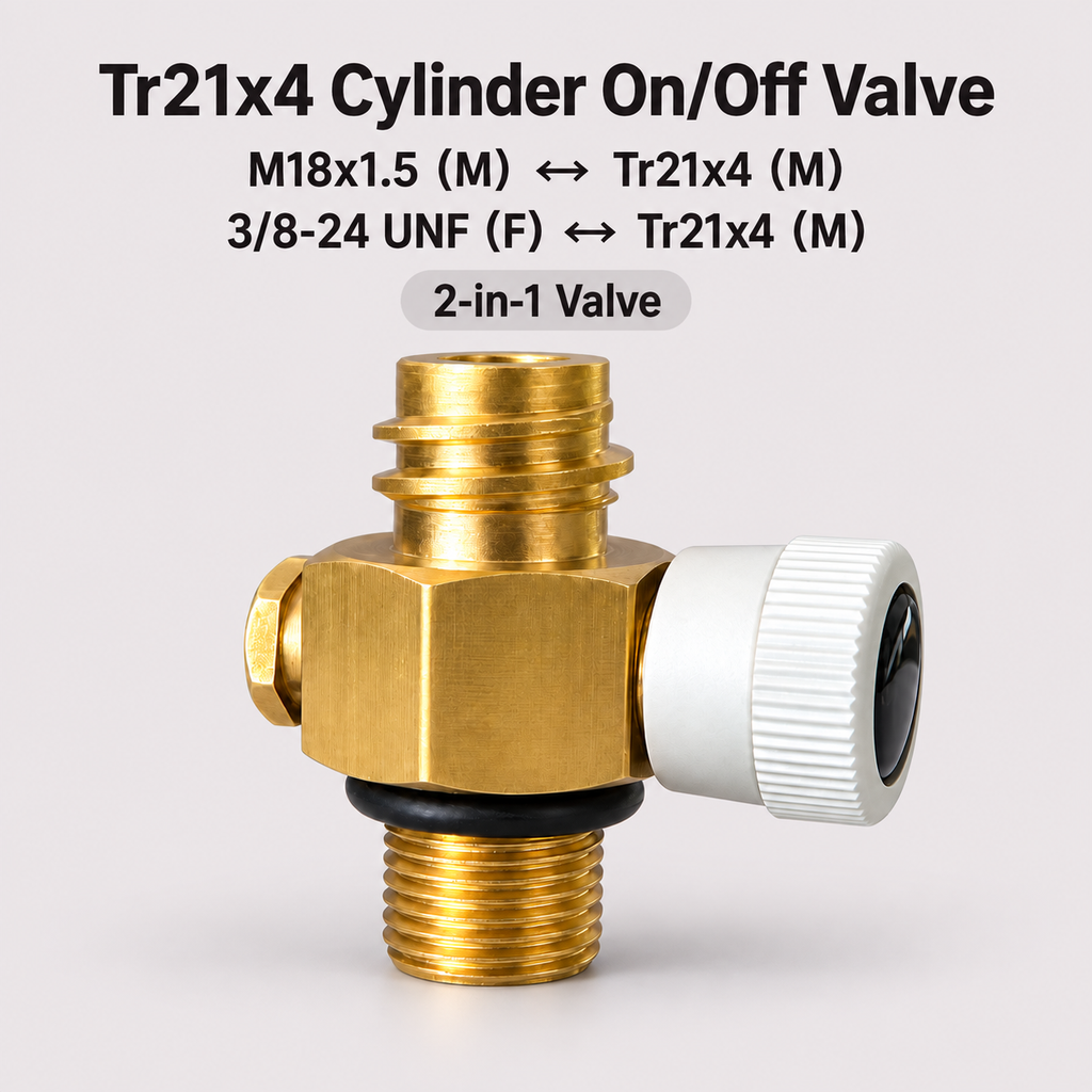 TR21×4 to M18×1.5 Adapter with Manual ON/OFF Valve, 3/8-24 UNF Piercing Connector for 16g CO₂ Cartridge